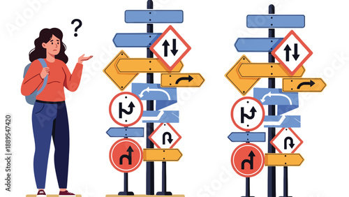 A confused woman stands beside multiple directional signs on a white background