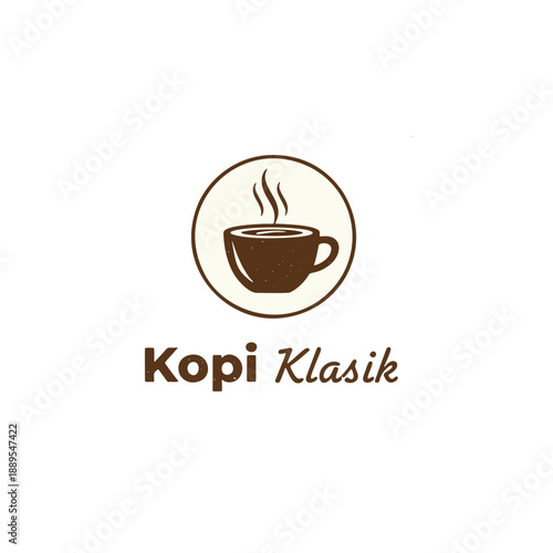 Simple vintage coffee logo with a steaming cup and Kopi Klasik text, suitable for cafe branding, traditional coffee shops, and Indonesian coffee themes.
