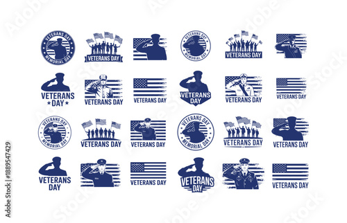 Collection of blue Veterans Day emblems and icons with saluting soldiers Keywords: veterans day