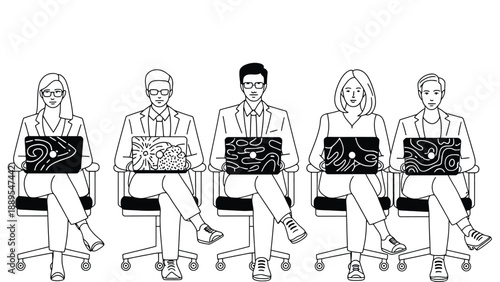 A group of business professionals sitting in office chairs with laptops