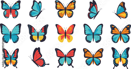 Set of bright cartoon butterfly illustrations in different colors and wing patterns, playful insect vector collection