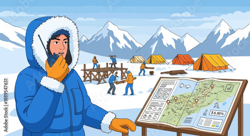 Woman in winter coat using walkietalkie in snowy landscape.