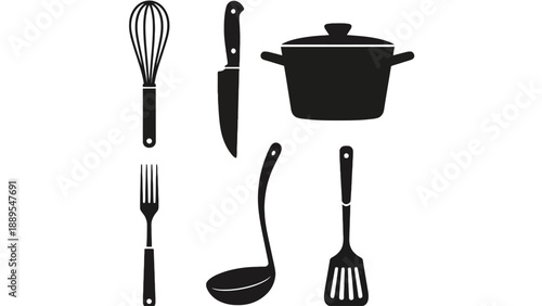 A collection of kitchen utensils and cookware on a white background