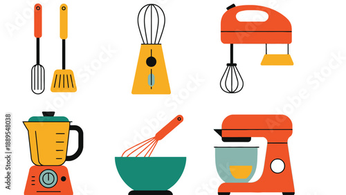 A collection of colorful kitchen utensils and appliances for cooking and baking