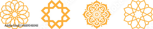 Arabic oriental floral icon set featuring traditional arabesque vectors, ornaments, and patterns. Abstract floral symbol and logo designed in an ornamental Islamic style, ideal for wedding invitation.