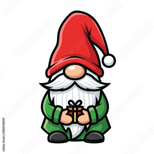 A gnome with a long white beard, wearing a red hat and green coat