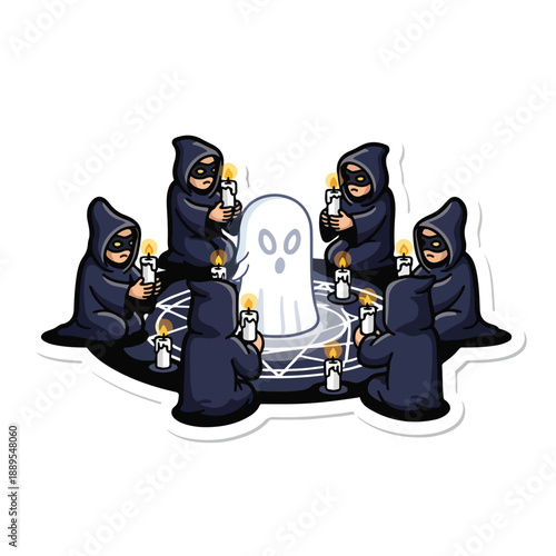A group of hooded figures gathered around a ghost