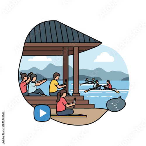A lakeside scene with people boating