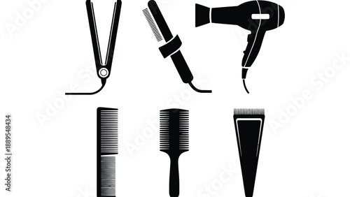 A collection of hair styling tools on a white background