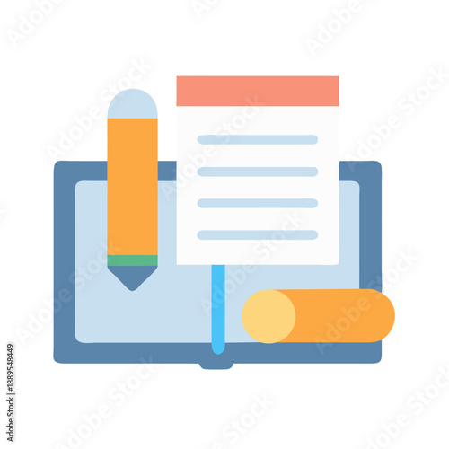 Stylized notebook with pencil and eraser on black background