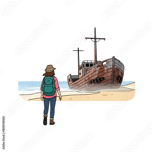 A lone traveler stands before a stranded shipwreck