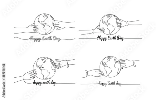Four Earth Day continuous line art illustrations with hands holding globe Keywords: earth day