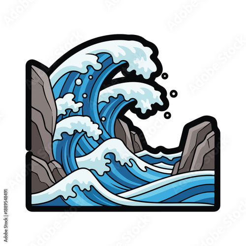 A large blue ocean wave crashing near rocks