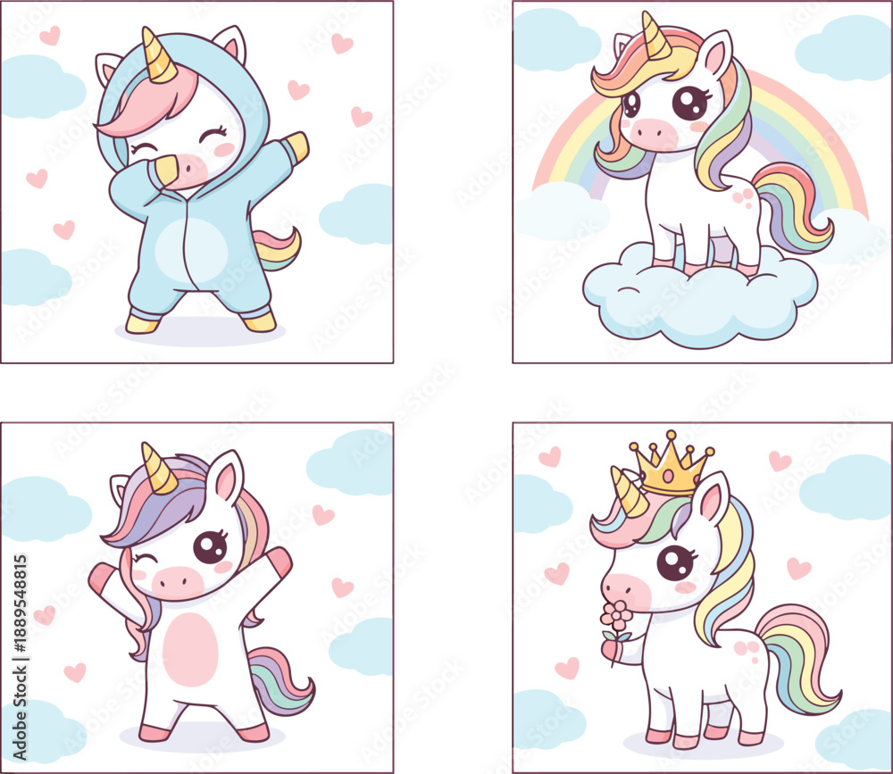 Fototapeta premium Cute cartoon unicorn characters set with rainbow cloud crown and heart elements pastel fantasy kids vector illustration