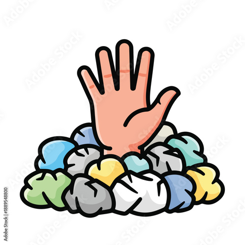 A hand rising from a pile of colorful stones or pebbles