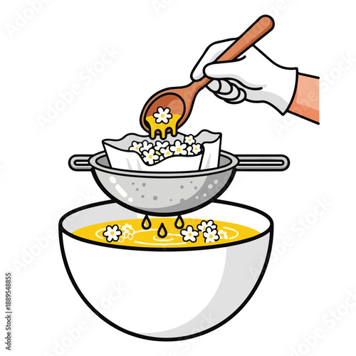 A hand straining yellow liquid with flowers