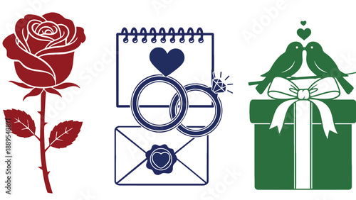 A romantic illustration of wedding symbols and gifts on a white background