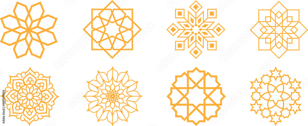 Fototapeta premium Arabic oriental floral icon set featuring traditional arabesque vectors, ornaments, and patterns. Abstract floral symbol and logo designed in an ornamental Islamic style, ideal for wedding invitation.