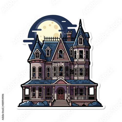 A large, ornate house with a blue roof and a full moon