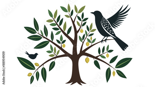 An illustration of a tree with birds perched on a branch and flying