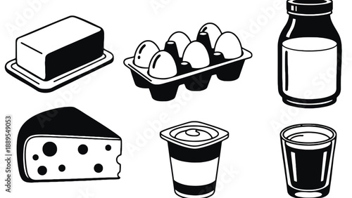 A collection of dairy products including milk, cheese, eggs, and yogurt.