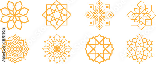 Arabic oriental floral icon set featuring traditional arabesque vectors, ornaments, and patterns. Abstract floral symbol and logo designed in an ornamental Islamic style, ideal for wedding invitation.