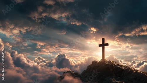Majestic wooden cross rocky hill and mountaintop framed by dramatic sunrise and golden clouds with sunrise light breaking through sky, inspiring spiritual, religious serenity, hope and warm dramatic