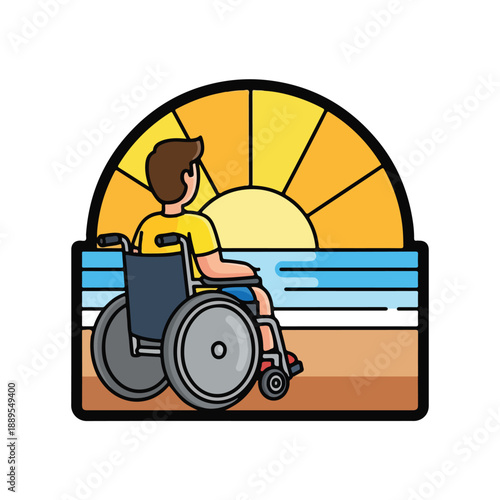 A man in a wheelchair on a beach at sunset