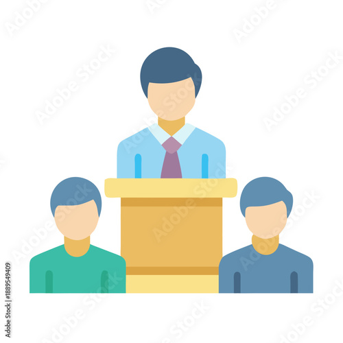 Man at podium with two attendees in audience