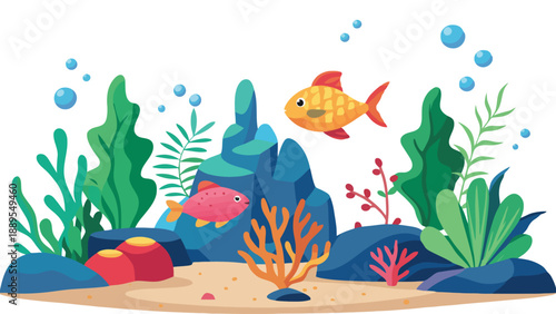 A colorful cartoon illustration of an underwater ocean scene with fish and coral