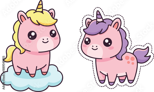 Cute cartoon unicorn characters standing on cloud and sticker style fantasy animal vector illustration for kids design