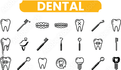 Dental icon set teeth and dental tools symbols