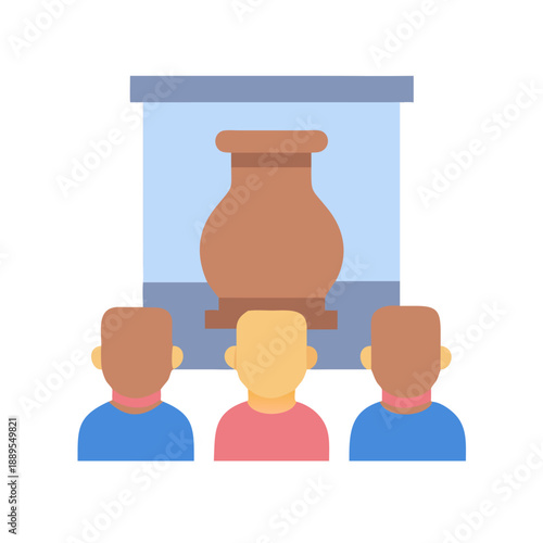 Museum exhibit with ancient vase and visitors viewing art