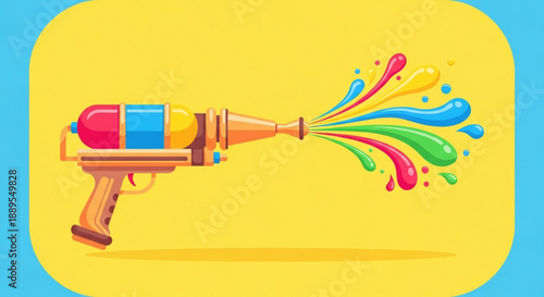 Colorful water gun shooting vibrant paint splatters on yellow background with blue border