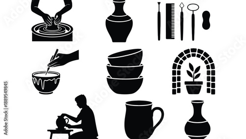 A collection of black silhouettes depicting pottery making and ceramic art tools