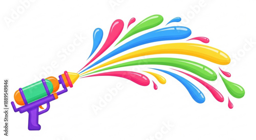 Vibrant colorful water gun shooting rainbow splash vector illustration for fun playful summer concept