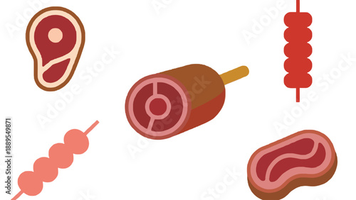A variety of raw meat cuts and skewers on a white background