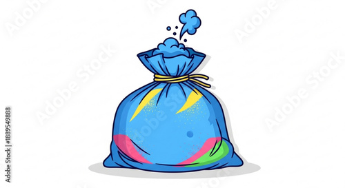 Colorful trash bag with smoke coming out tied with a yellow string on a white background