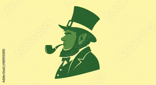 Stylized green illustration of a man in a top hat smoking a pipe on a yellow background
