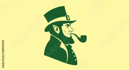 Green silhouette of a smiling leprechaun in a hat smoking a pipe on a yellow background symbolizing good luck and irish heritage