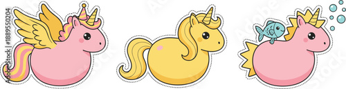 Cute cartoon unicorn characters with wings crown and sea creature colorful fantasy animal vector illustration set for kids