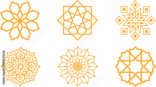 Arabic oriental floral icon set featuring traditional arabesque vectors, ornaments, and patterns. Abstract floral symbol and logo designed in an ornamental Islamic style, ideal for wedding invitation.