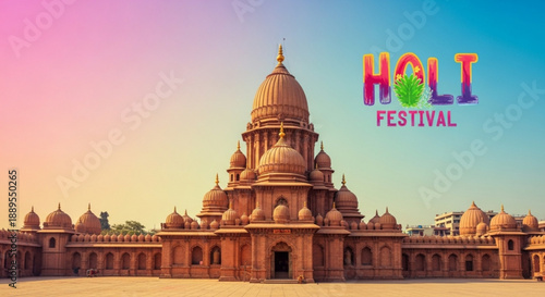 Holi festival celebration at ancient indian temple with colorful sky