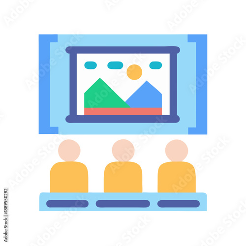 Minimalist art exhibit with viewers admiring a nature scene