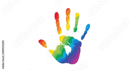 Rainbow colored handprint symbolizing diversity and inclusivity on white background representing unity and creativity