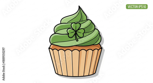 Green frosted cupcake with shamrock decoration in paper wrapper on white background for st patrick's day celebration