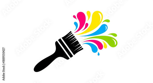 Colorful paintbrush with vibrant splashes of pink blue yellow and green paint on white background symbolizing creativity and artistry