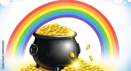 Black cauldron overflowing with gold coins under a vibrant rainbow symbolizing good fortune and wealth