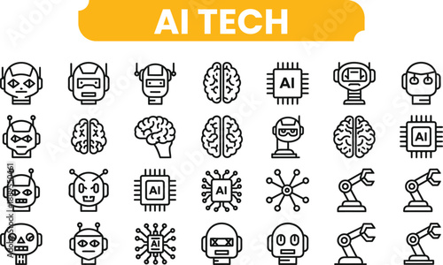 Ai tech icon set artificial intelligence and technology symbols