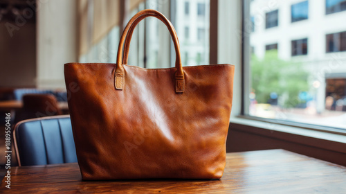 Wallpaper Mural Brown leather tote bag on cafe table Torontodigital.ca
